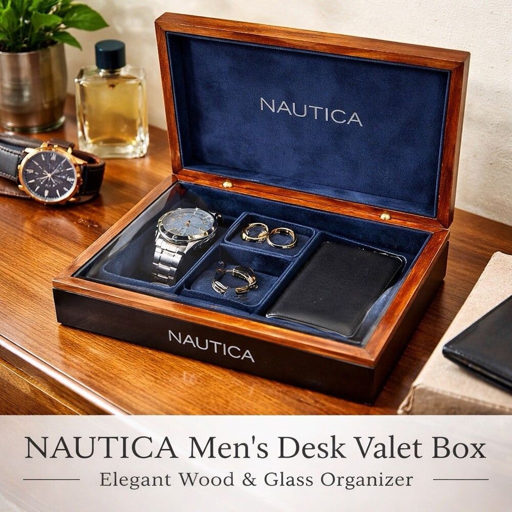 Nautica Men’s Desk Valet Box Wood Glass Top Watch Jewelry Organizer Gift